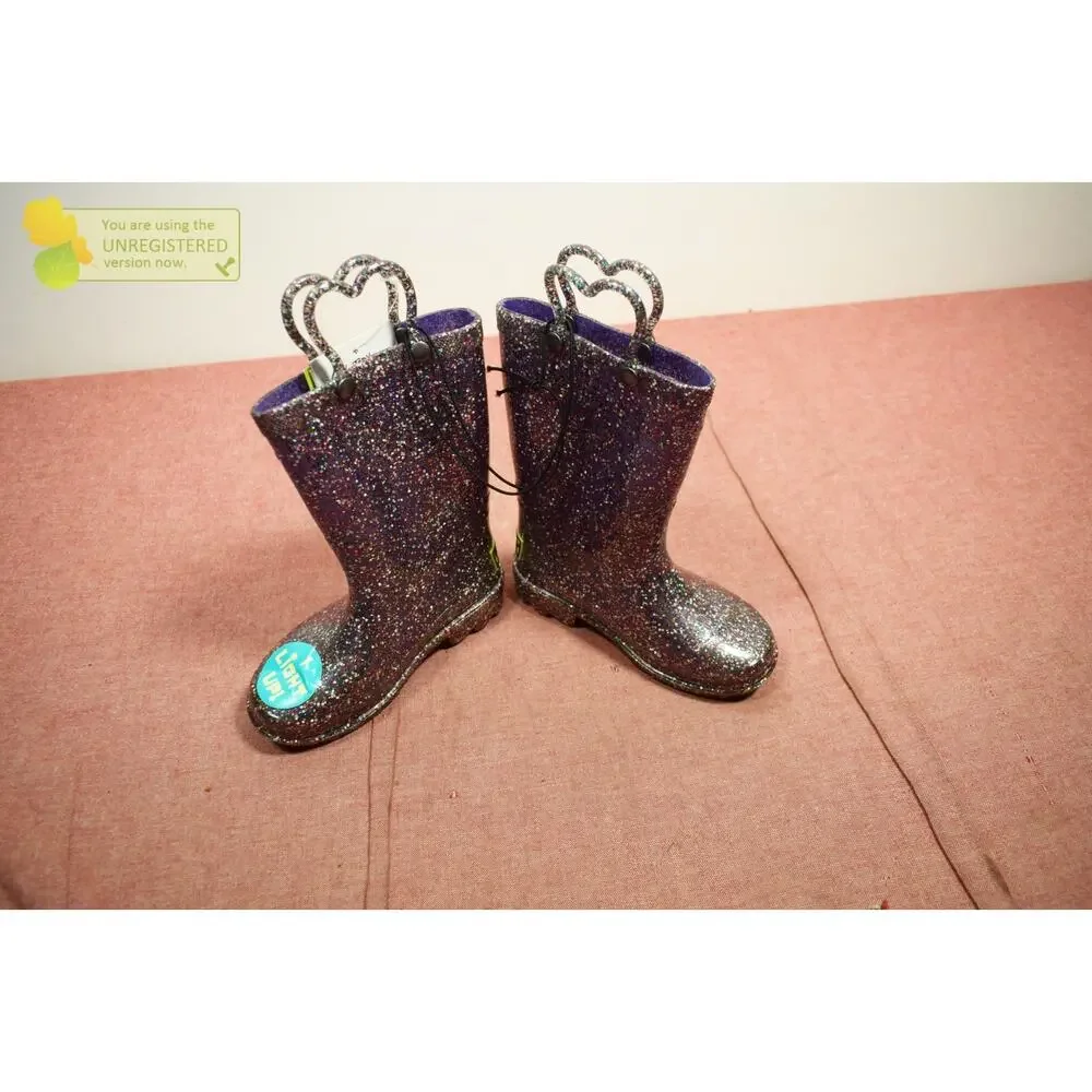 Western Chief Toddler Abby Glitter Lighted Purple Rain Boots Size 8